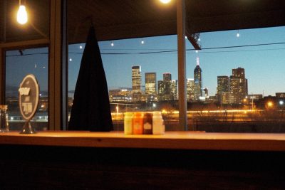 Denver skyline seen from inside Prost Brewing Company