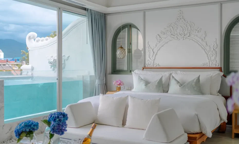 Luxury room at The Inside House in Chiang Mai with a private pool outside the window