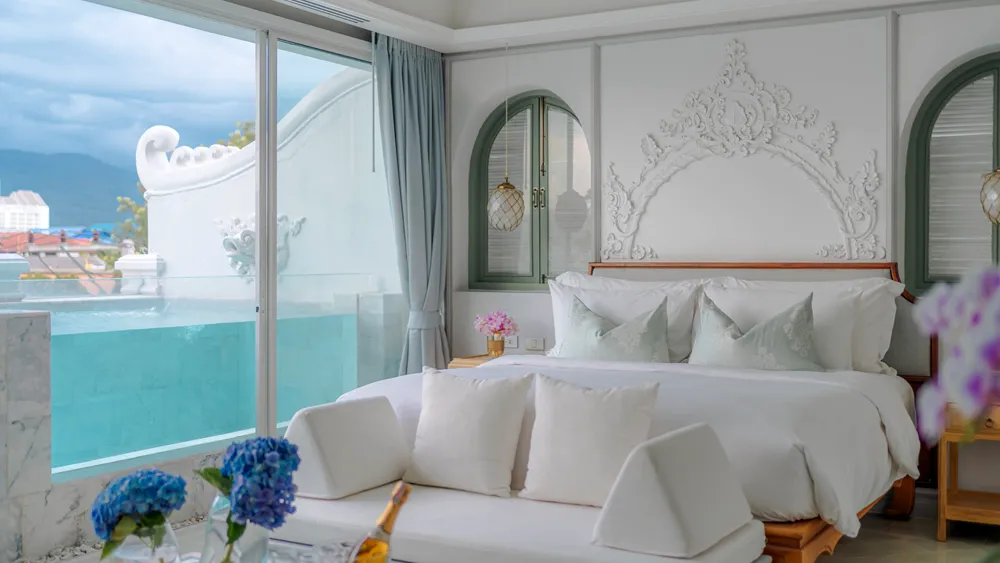 Luxury room at The Inside House in Chiang Mai with a private pool outside the window