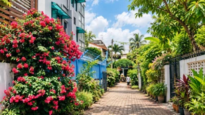 Quiet Chiang Mai alley lined with tropical greenery, bright pink bougainvillea and local houses on a sunny day.