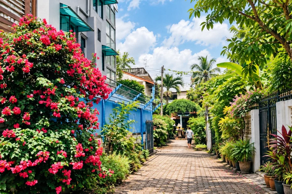 Quiet Chiang Mai alley lined with tropical greenery, bright pink bougainvillea and local houses on a sunny day.
