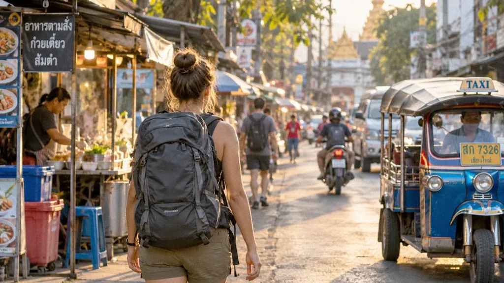 Backpacker walking through a Chiang Mai street market while traveling on a budget