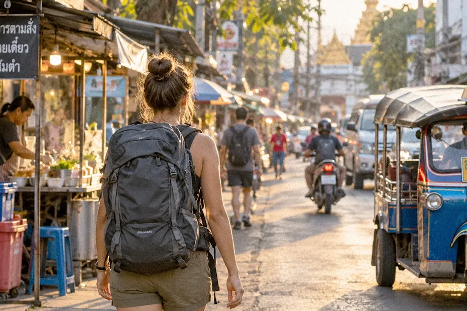 Backpacker walking through a Chiang Mai street market while traveling on a budget