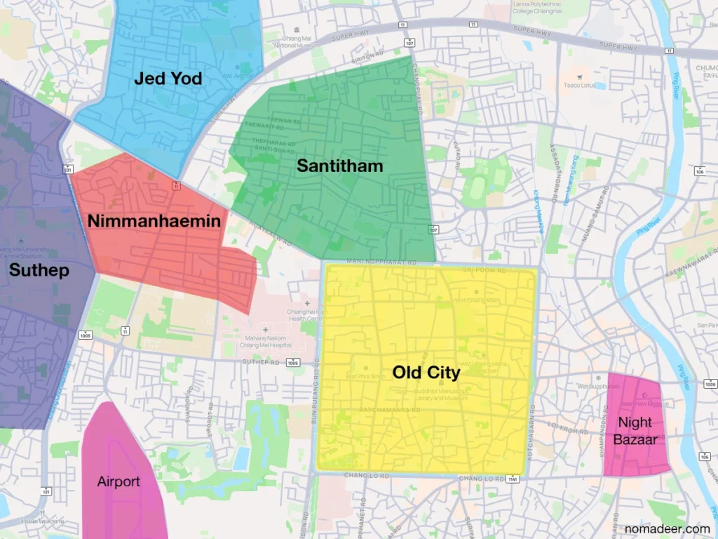 Map showing Chiang Mai’s Old City, Nimman, Santitham, Jed Yod, Suthep, Night Bazaar and airport areas.