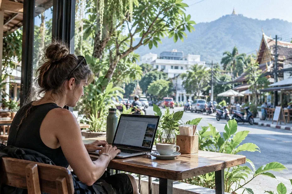 Digital nomad working on a laptop at a cafe in Chiang Mai, Thailand