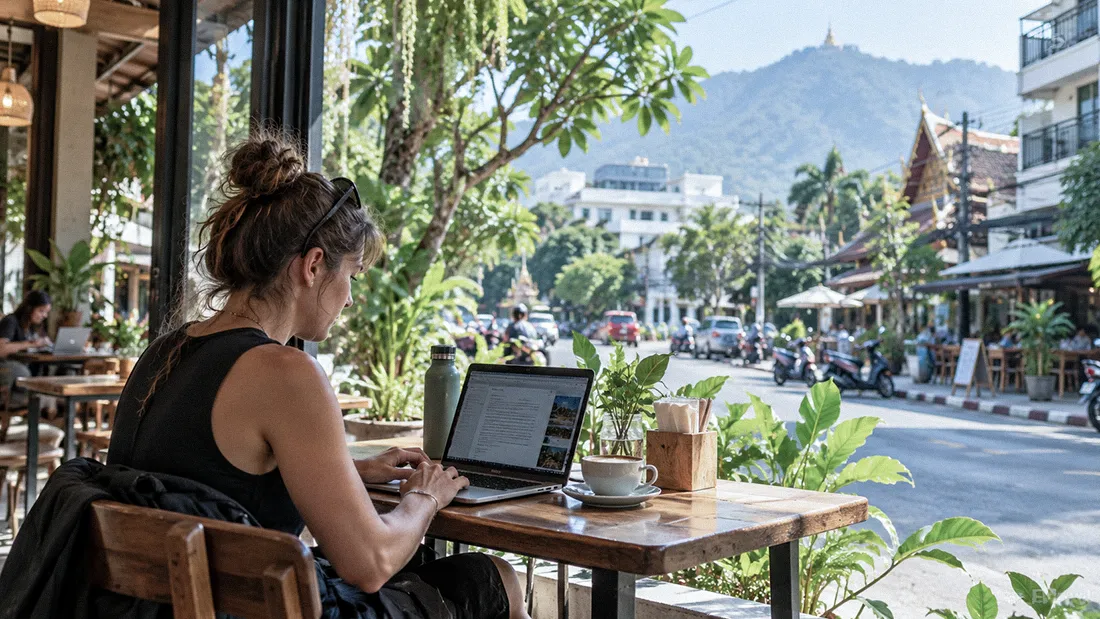 Digital nomad working on a laptop at a cafe in Chiang Mai, Thailand