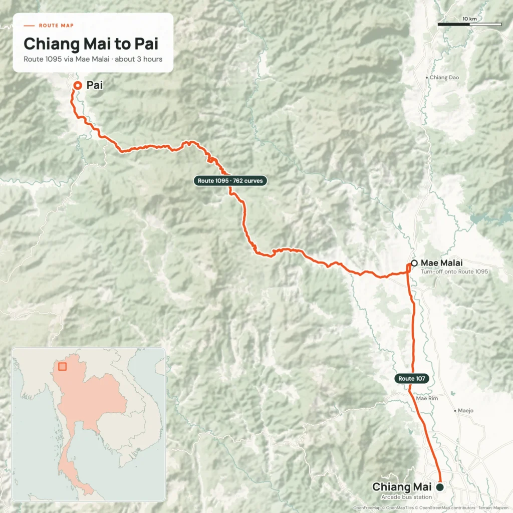 Map of the route between Chiang Mai and Pai, via Mae Malai, following route 1095.